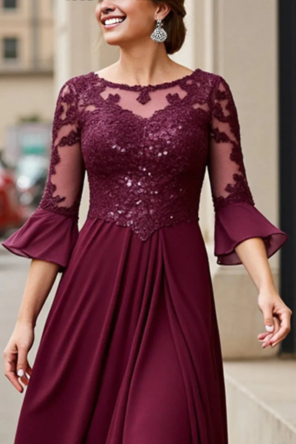Elegant A-Line Boat Neck Long Sleeve Zipper Up Tea Length Mother of the Bride Dress