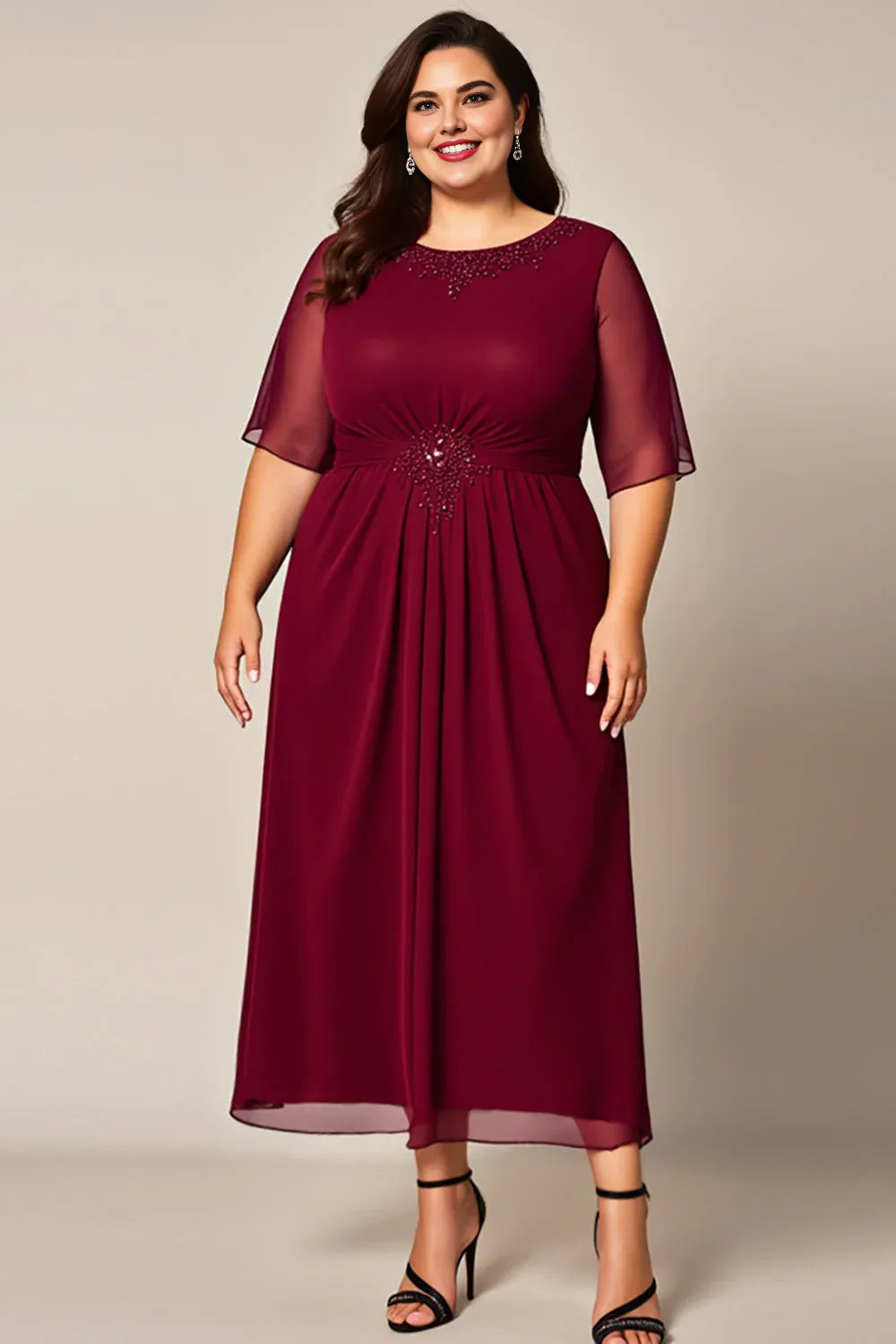 Elegant A-Line Boat Neck Short Sleeves Zipper Up Floor-Length Plus Size Mother of the Bride Dress