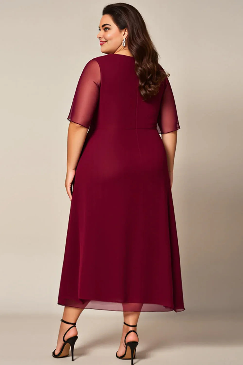 Elegant A-Line Boat Neck Short Sleeves Zipper Up Floor-Length Plus Size Mother of the Bride Dress