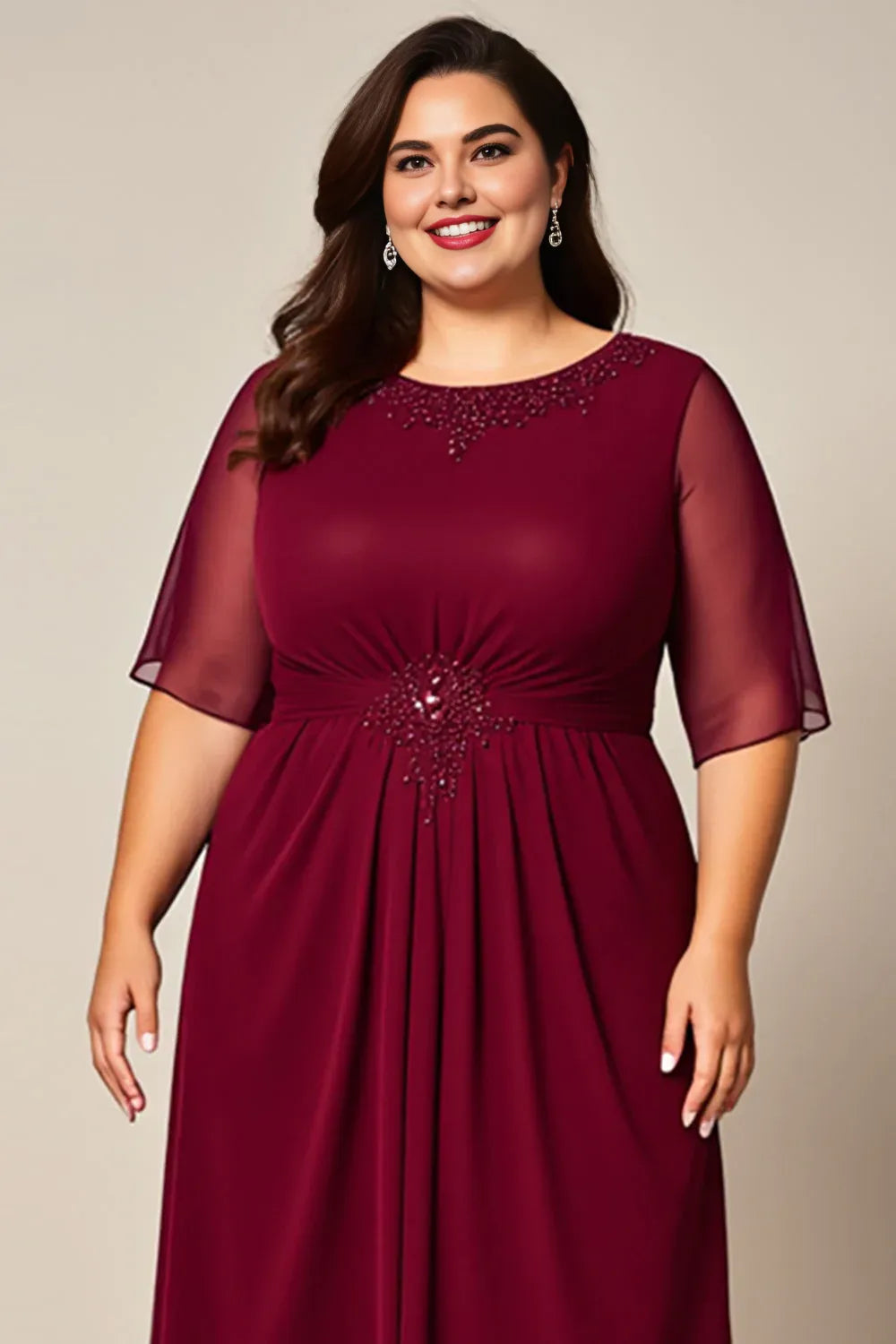 Elegant A-Line Boat Neck Short Sleeves Zipper Up Floor-Length Plus Size Mother of the Bride Dress