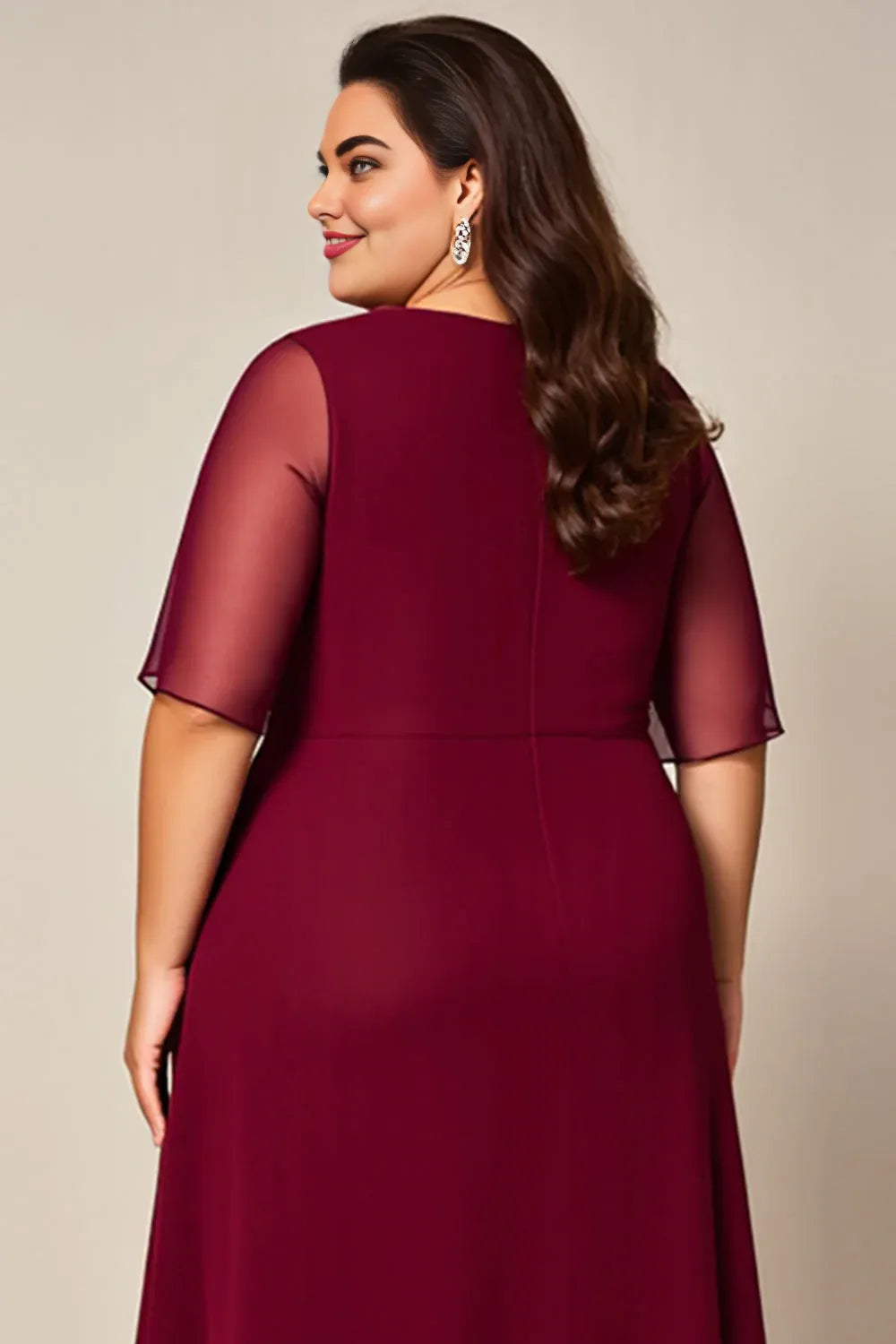 Elegant A-Line Boat Neck Short Sleeves Zipper Up Floor-Length Plus Size Mother of the Bride Dress