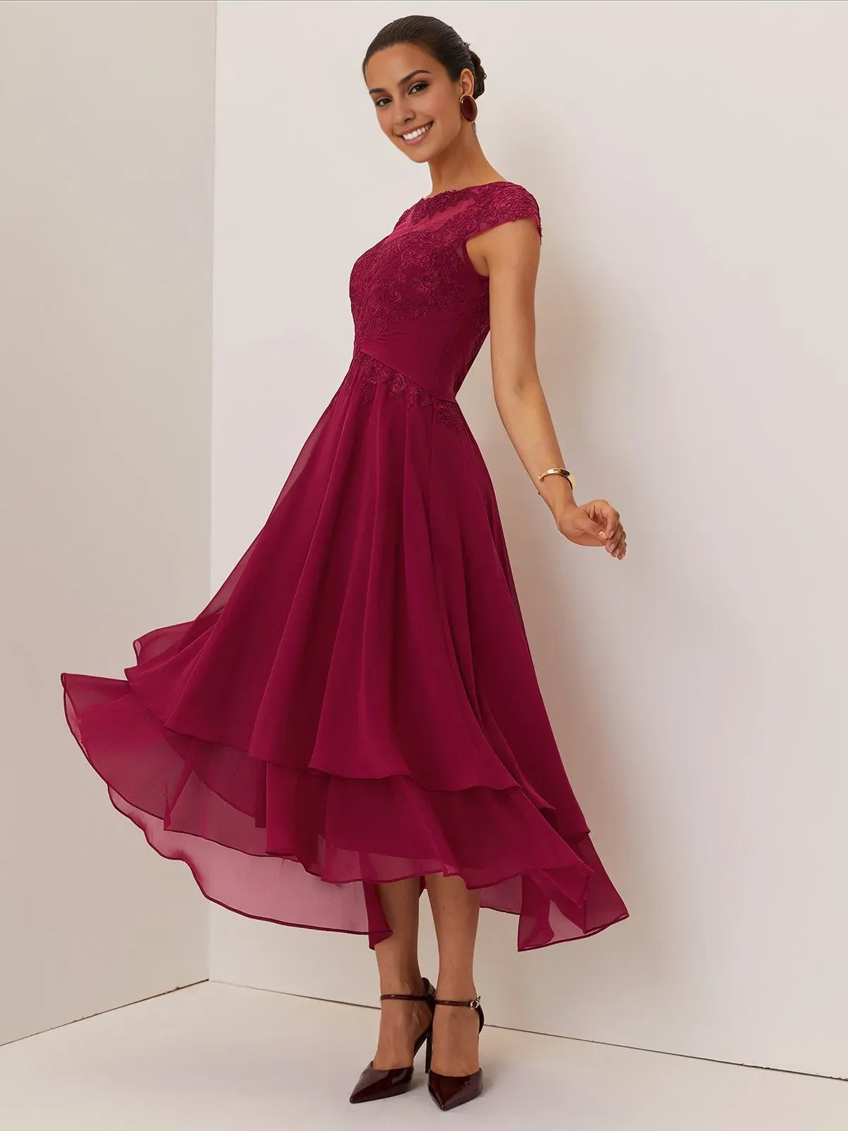 Elegant A-Line Crew Neck Cap Sleeve Back Zip Ankle-Length Evening Dress