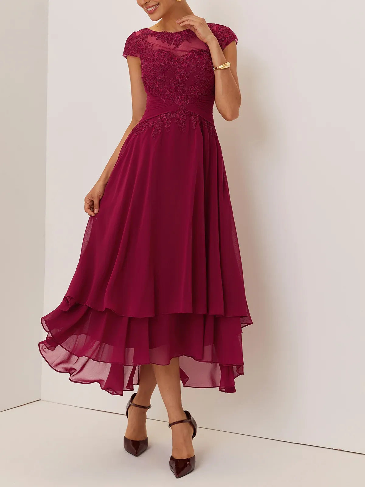Elegant A-Line Crew Neck Cap Sleeve Back Zip Ankle-Length Evening Dress