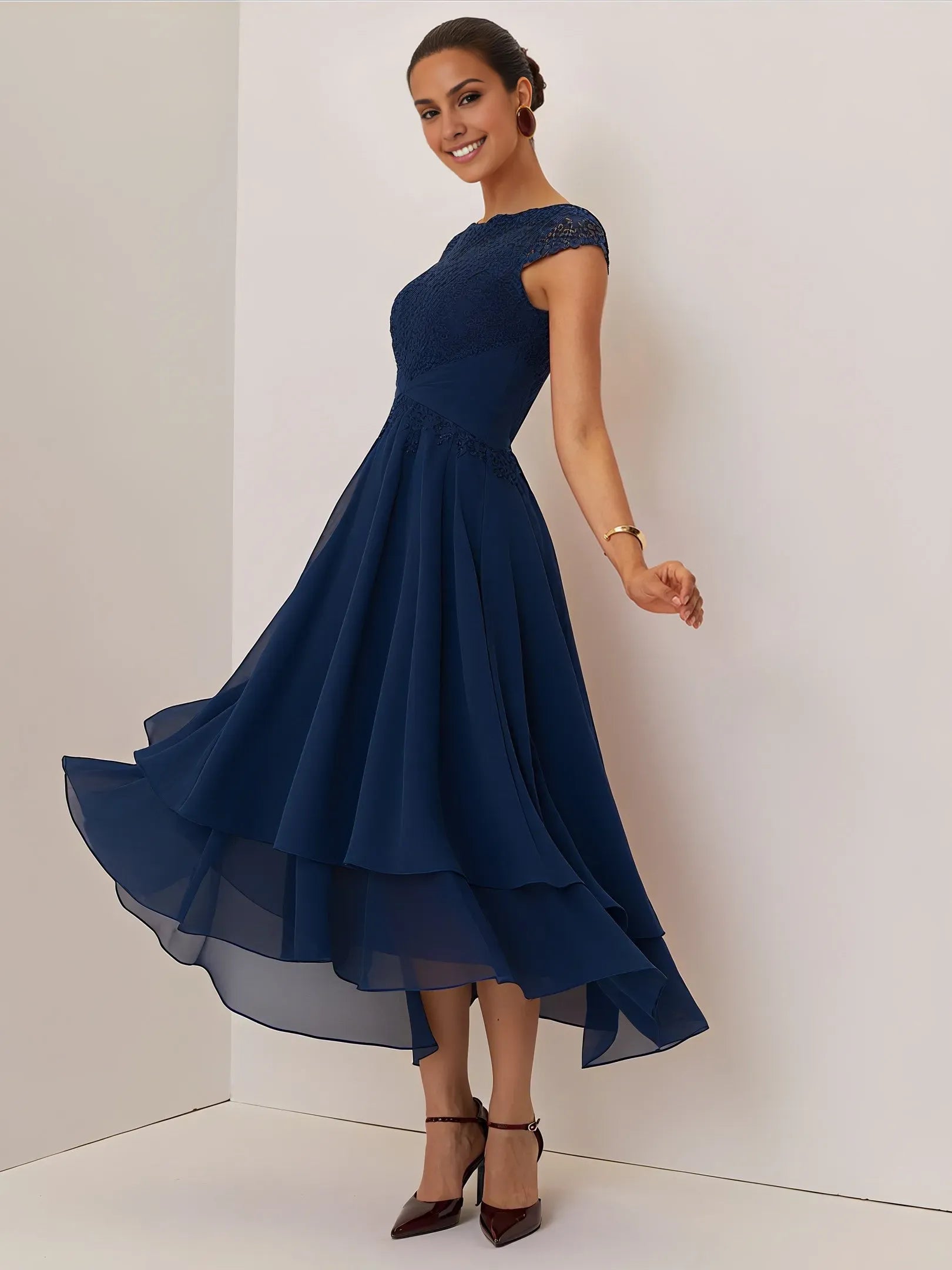 Elegant A-Line Crew Neck Cap Sleeve Back Zip Ankle-Length Evening Dress