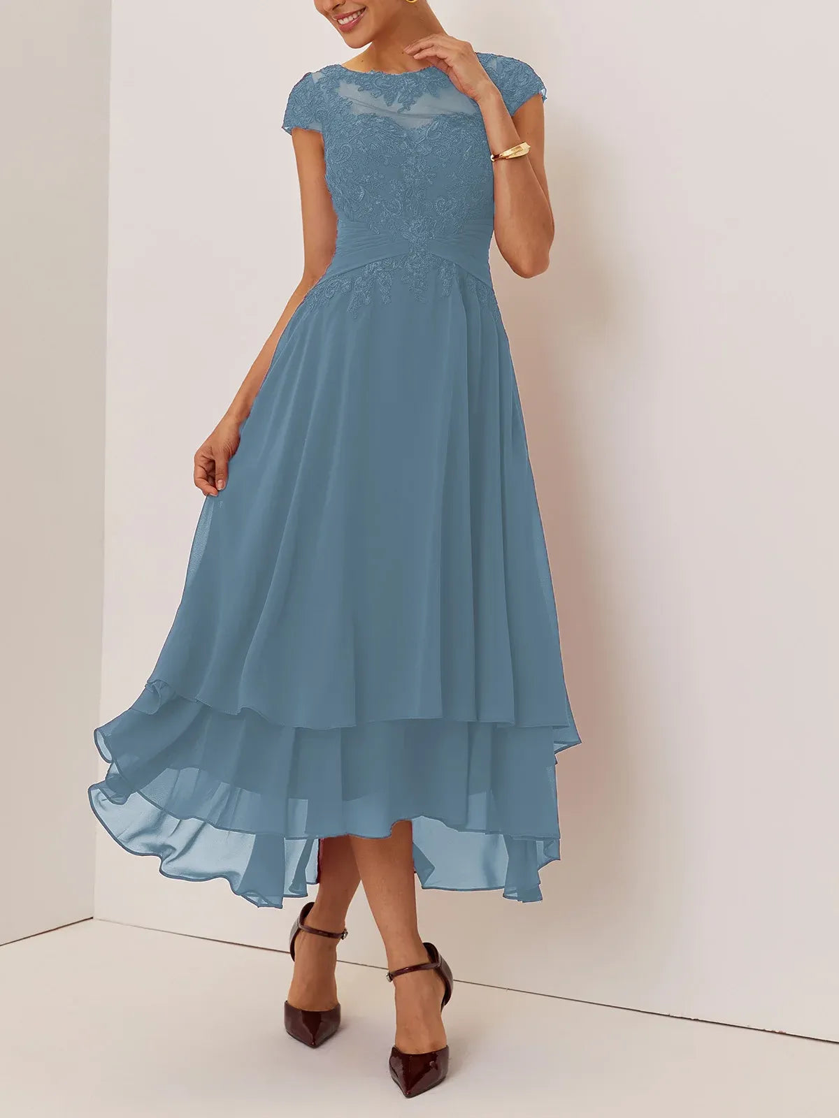 Elegant A-Line Crew Neck Cap Sleeve Back Zip Ankle-Length Evening Dress
