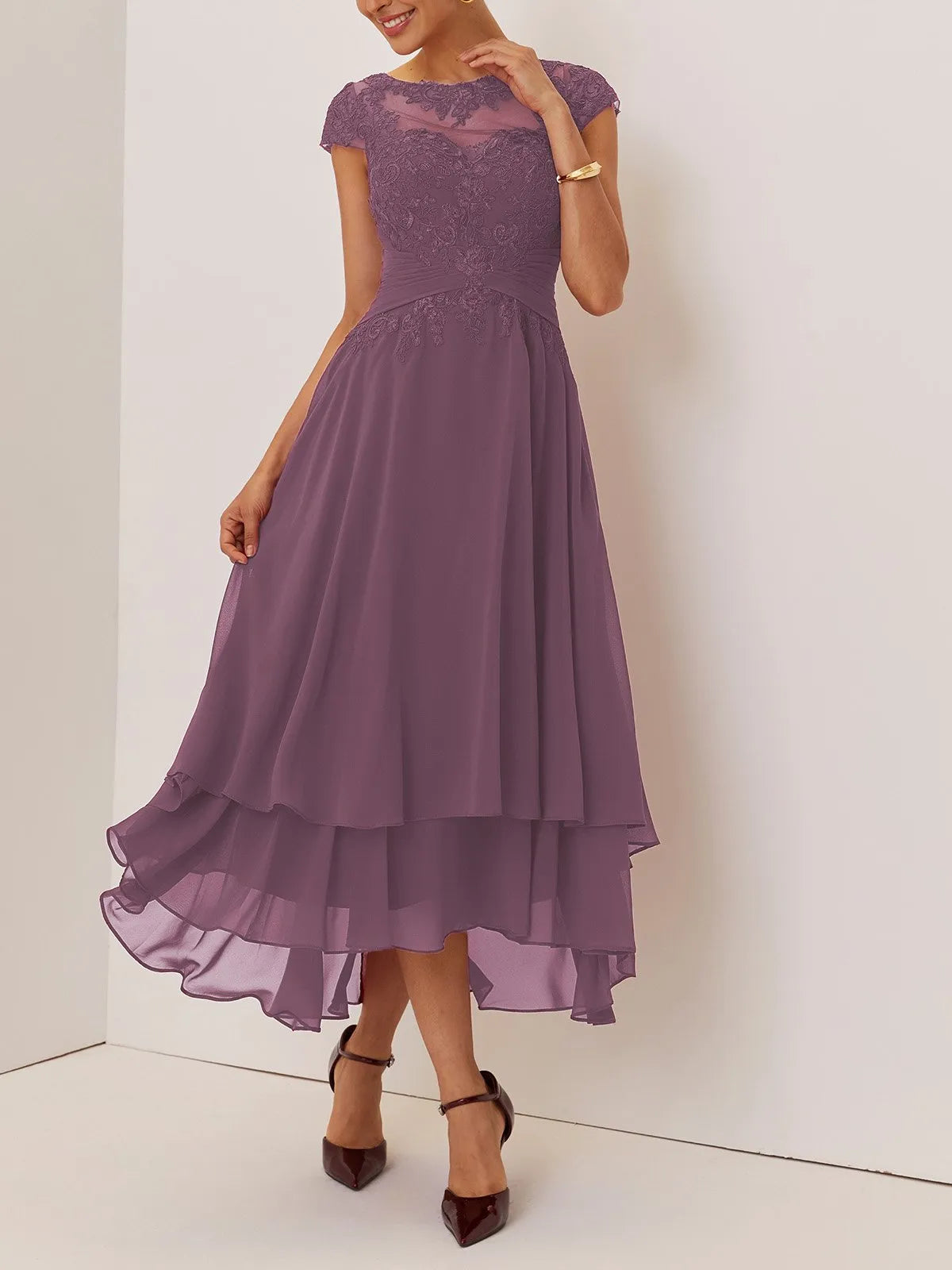 Elegant A-Line Crew Neck Cap Sleeve Back Zip Ankle-Length Evening Dress