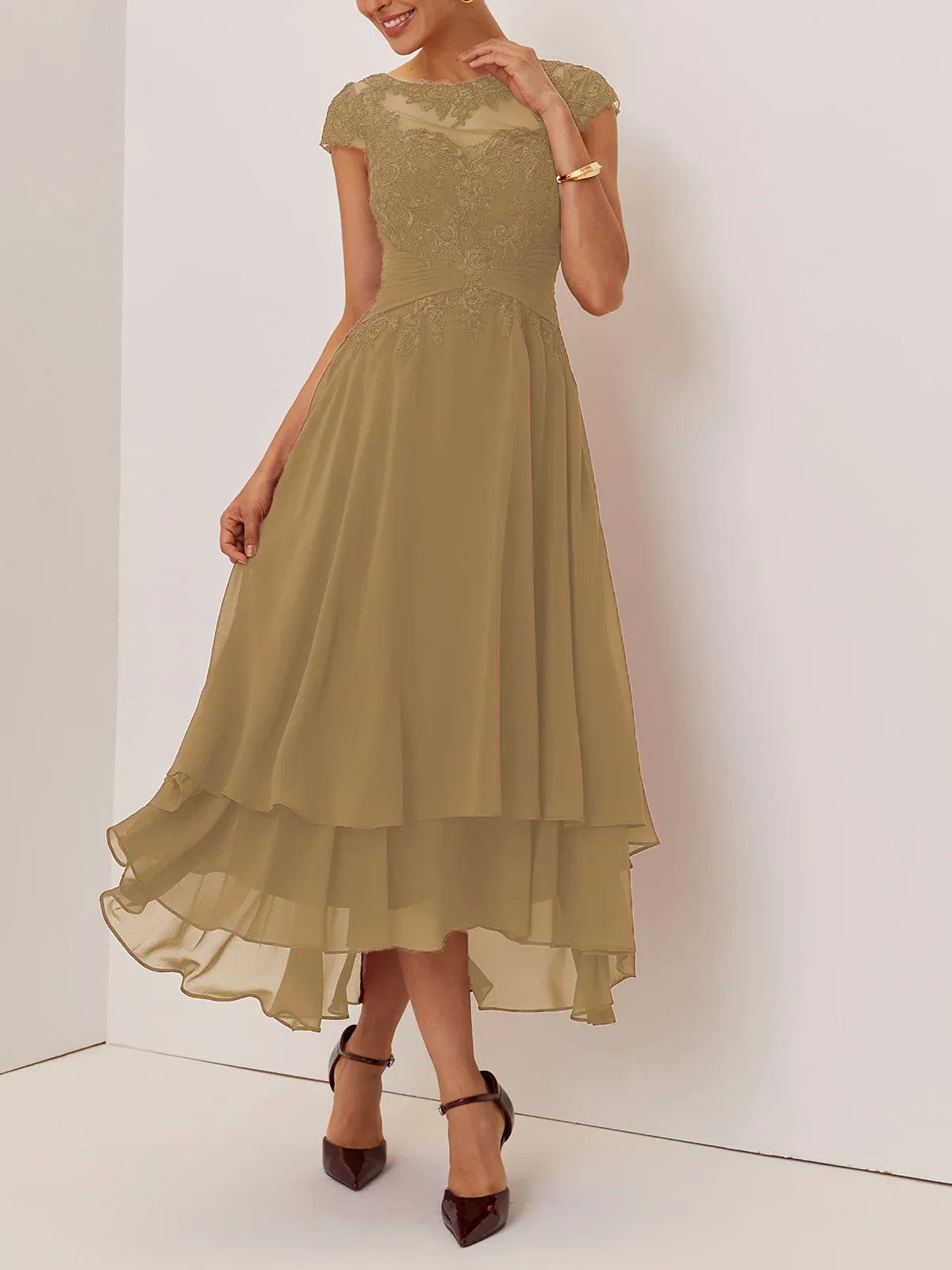 Elegant A-Line Crew Neck Cap Sleeve Back Zip Ankle-Length Evening Dress