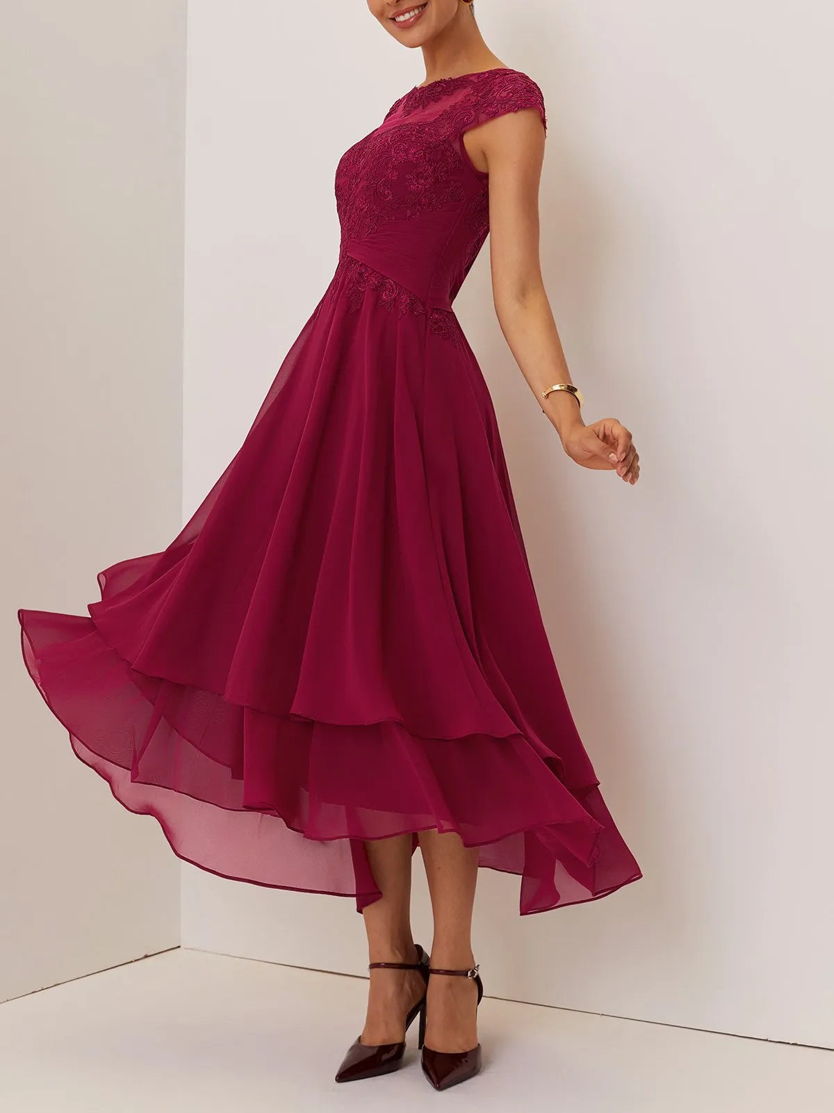 Elegant A-Line Crew Neck Cap Sleeve Back Zip Ankle-Length Evening Dress