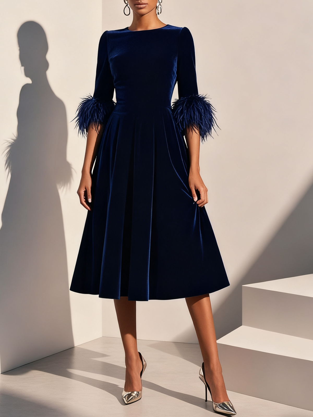 Elegant A-Line Crew Neck Half Sleeve Zipper Up Tea-Length Prom Dress