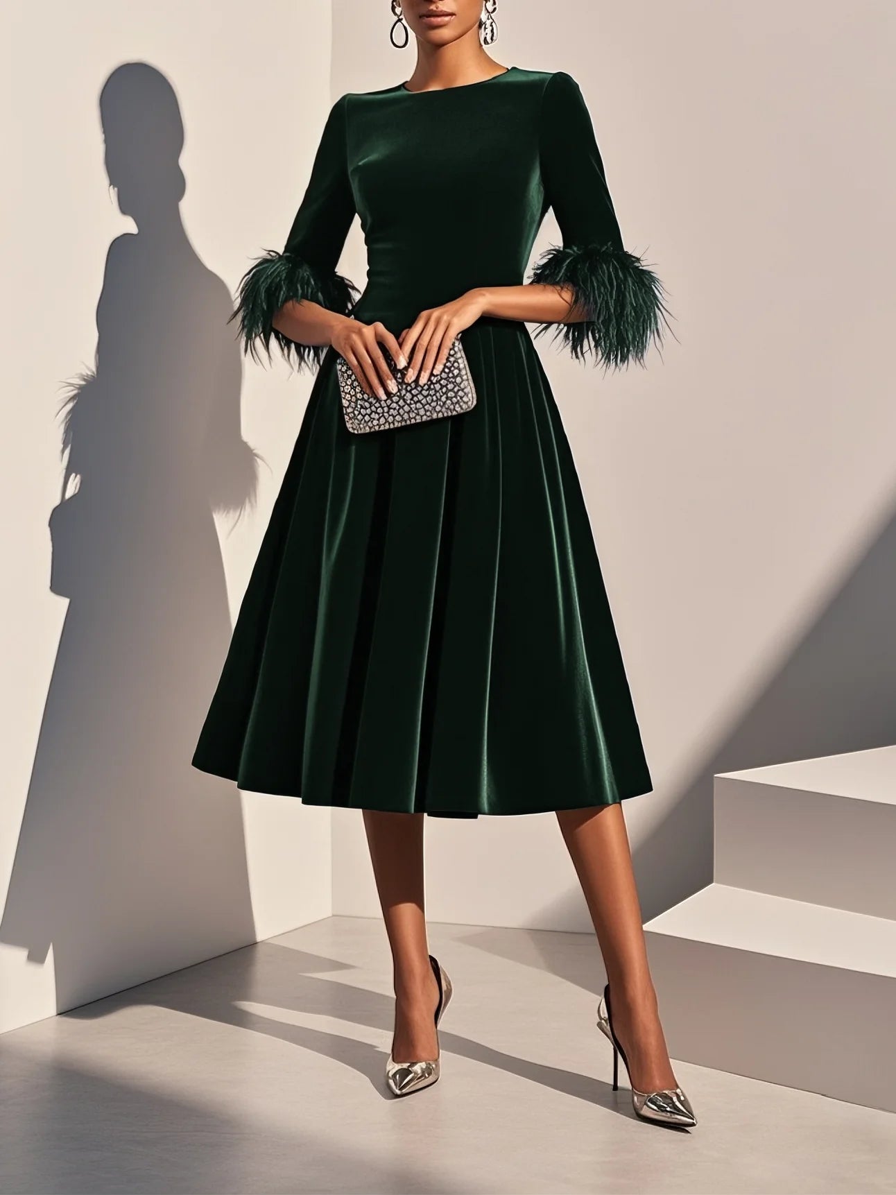 Elegant A-Line Crew Neck Half Sleeve Zipper Up Tea-Length Prom Dress