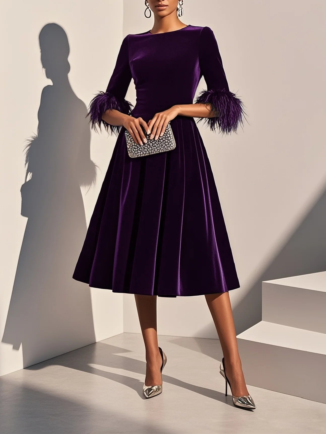 Elegant A-Line Crew Neck Half Sleeve Zipper Up Tea-Length Prom Dress