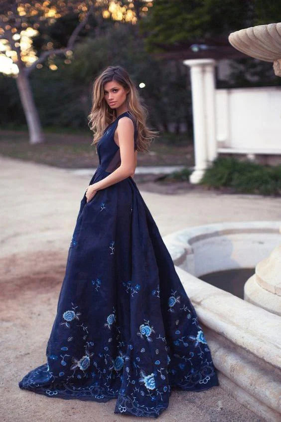 Prom Dresses Stores Elegant A-Line Deep V-Neck Navy Blue Long Prom Dress with Appliques Formal Women's Dresses