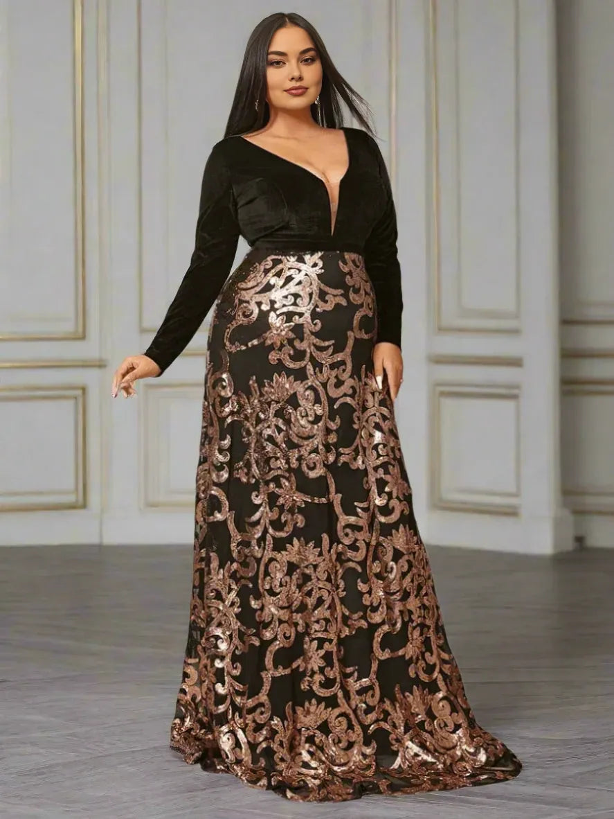 Elegant A-Line Deep V Neck Long Sleeve Backless Floor-Length Plus Size Prom Dress