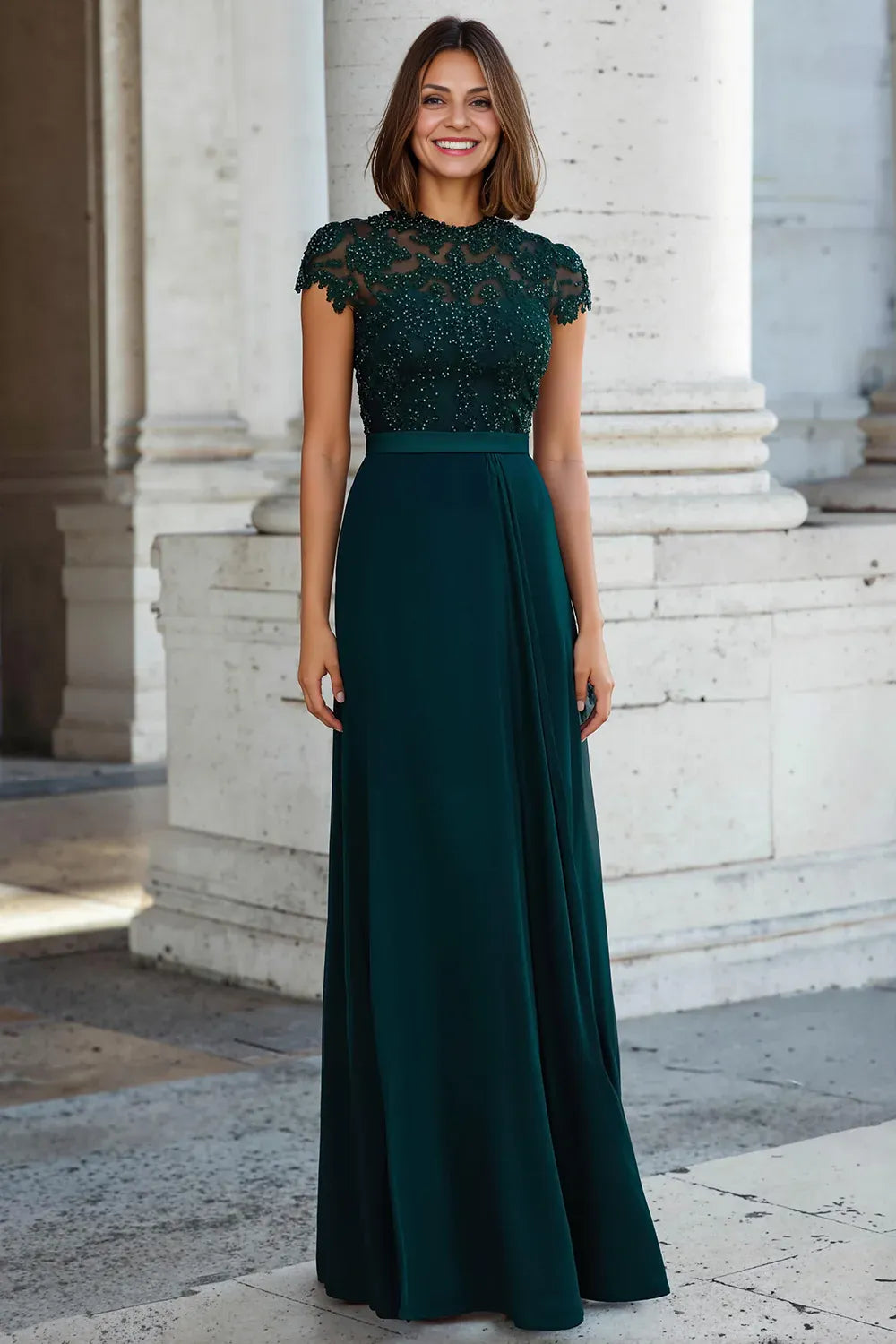 Elegant A-Line Halter Neck Short Sleeve Zipper Up Floor-Length Mother of the Bride Dress