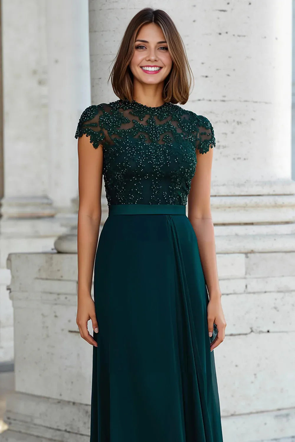 Elegant A-Line Halter Neck Short Sleeve Zipper Up Floor-Length Mother of the Bride Dress