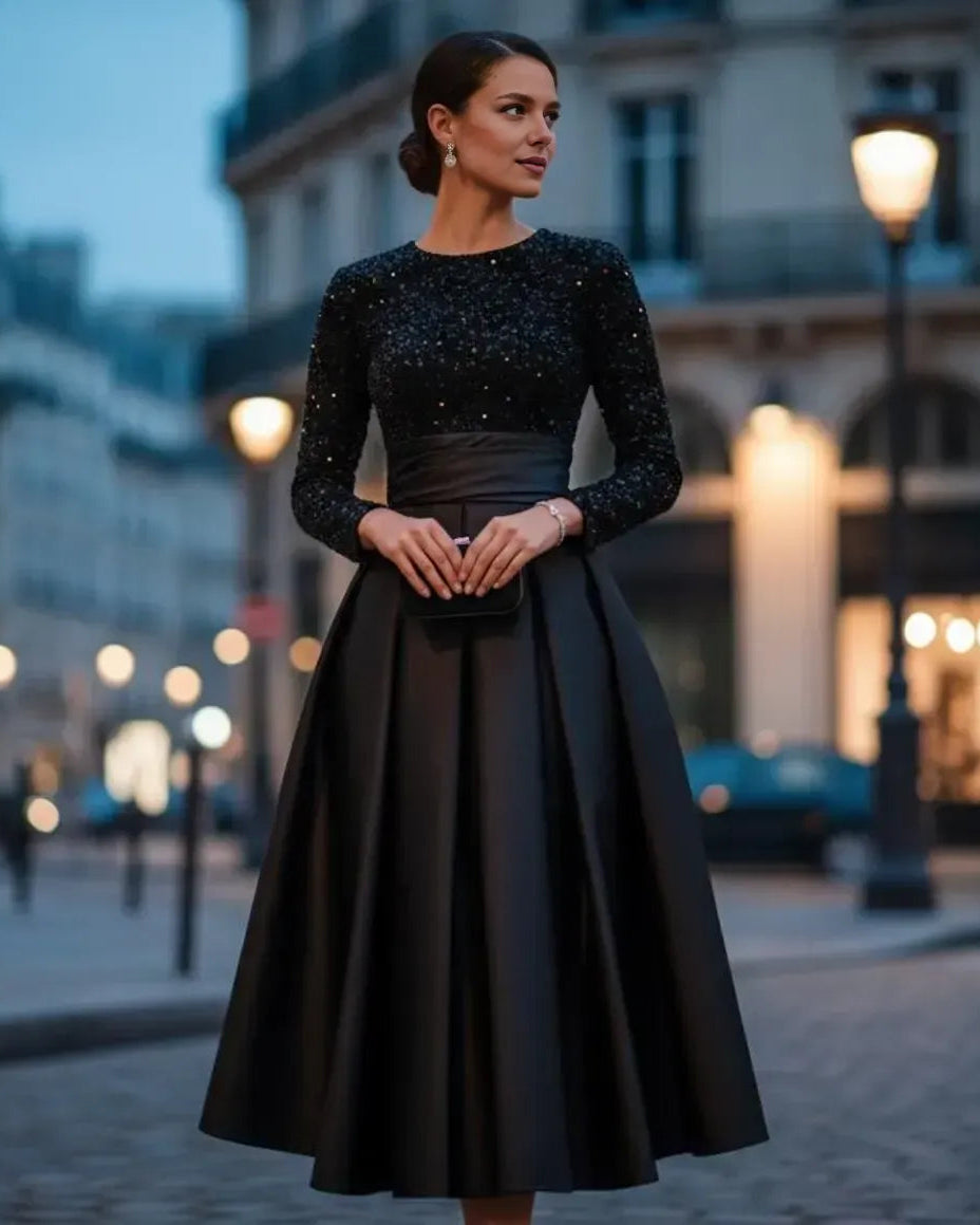 Elegant A-Line High Neck Long Sleeve Pleated Satin Tea-Length Prom Dress