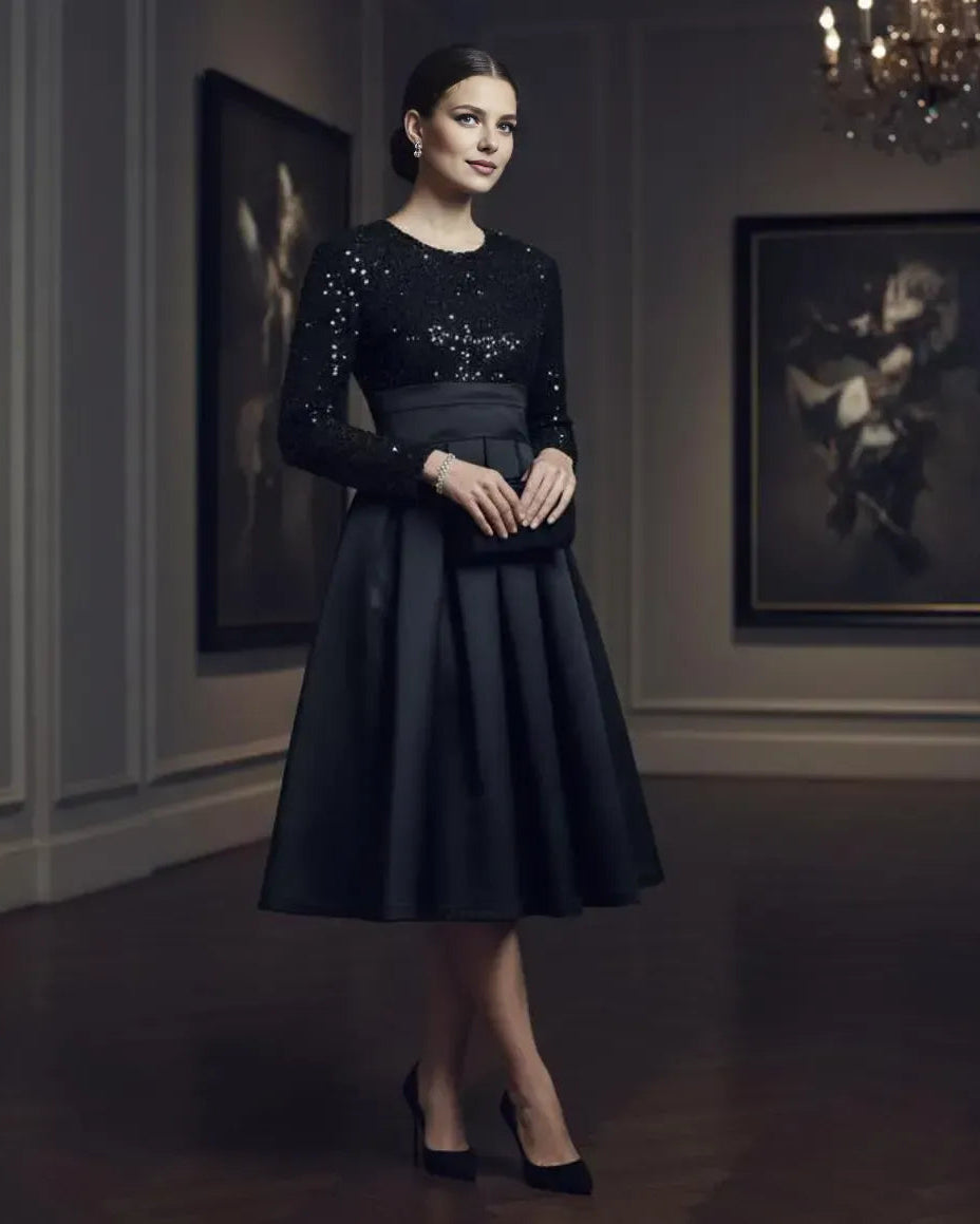 Elegant A-Line High Neck Long Sleeve Pleated Satin Tea-Length Prom Dress