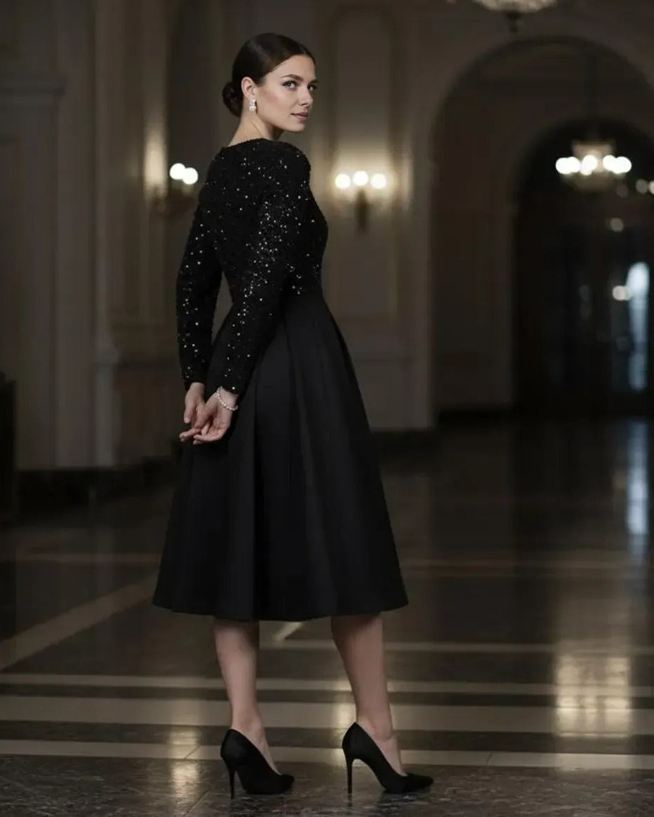 Elegant A-Line High Neck Long Sleeve Pleated Satin Tea-Length Prom Dress