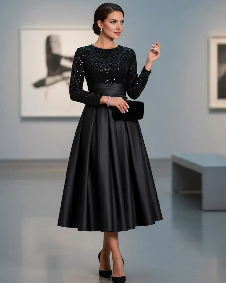 Elegant A-Line High Neck Long Sleeve Pleated Satin Tea-Length Prom Dress