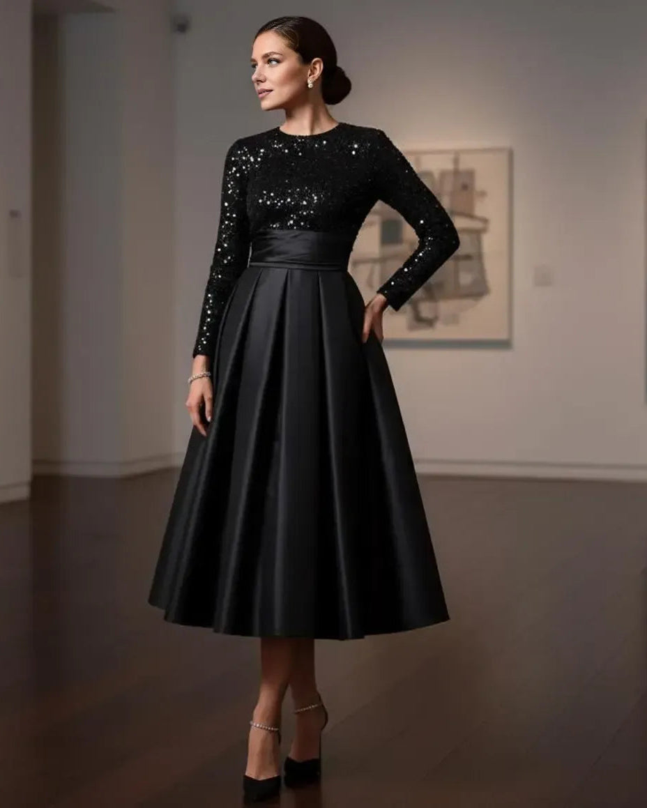 Elegant A-Line High Neck Long Sleeve Pleated Satin Tea-Length Prom Dress