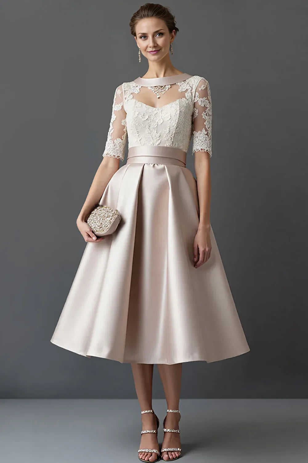 Elegant A-Line Hight Neck Lace Sleeve Sheer Back Tea-Length Mother of the Bride Dress
