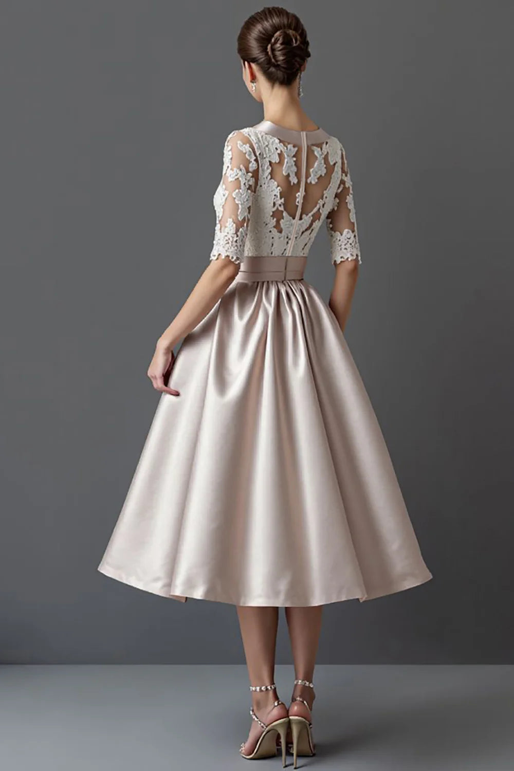 Elegant A-Line Hight Neck Lace Sleeve Sheer Back Tea-Length Mother of the Bride Dress