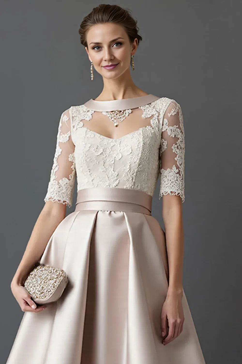 Elegant A-Line Hight Neck Lace Sleeve Sheer Back Tea-Length Mother of the Bride Dress