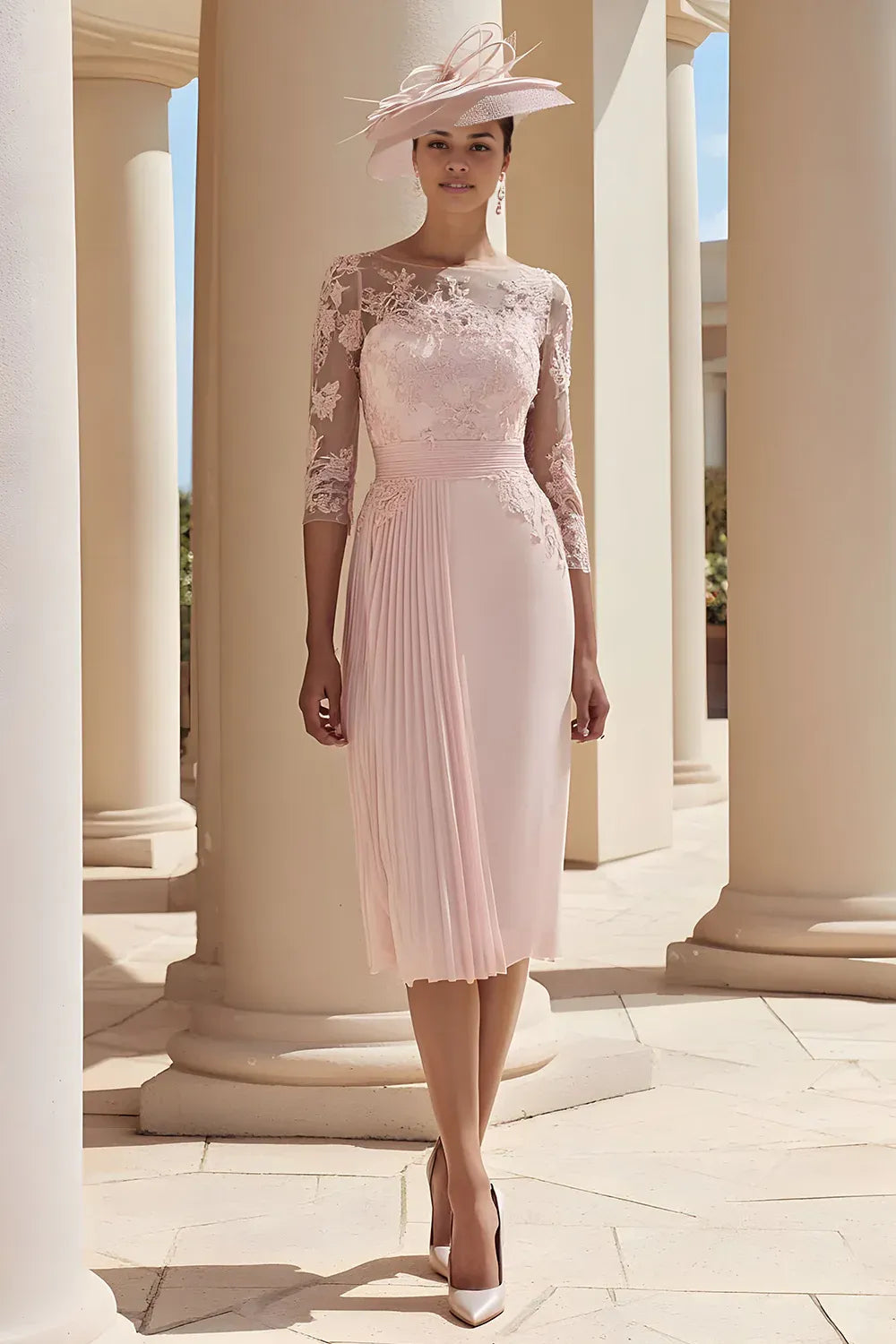 Elegant A-Line Illusion Boat Neck Long Sleeve Floral Lace Knee-Length Mother of the Bride Dress