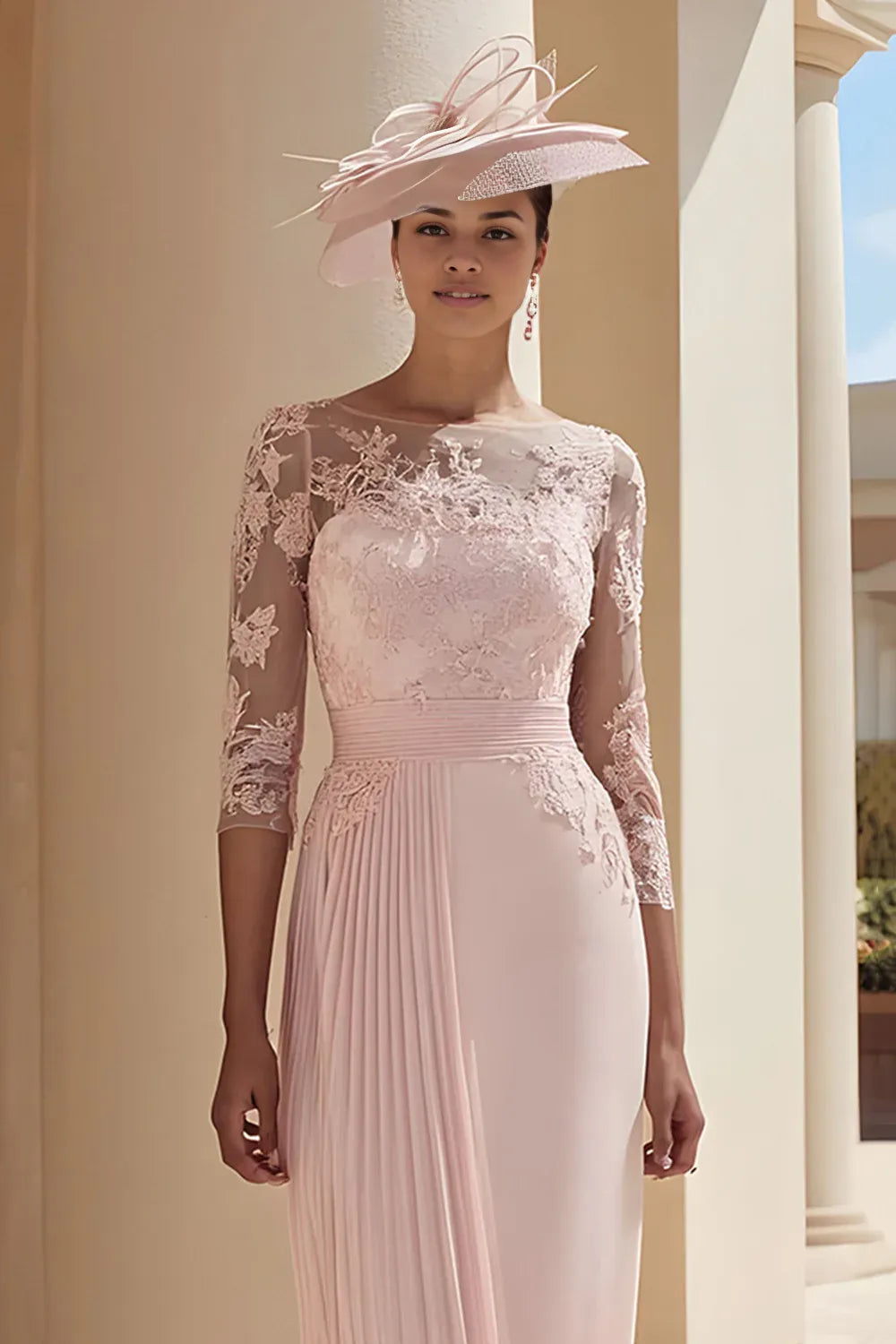 Elegant A-Line Illusion Boat Neck Long Sleeve Floral Lace Knee-Length Mother of the Bride Dress