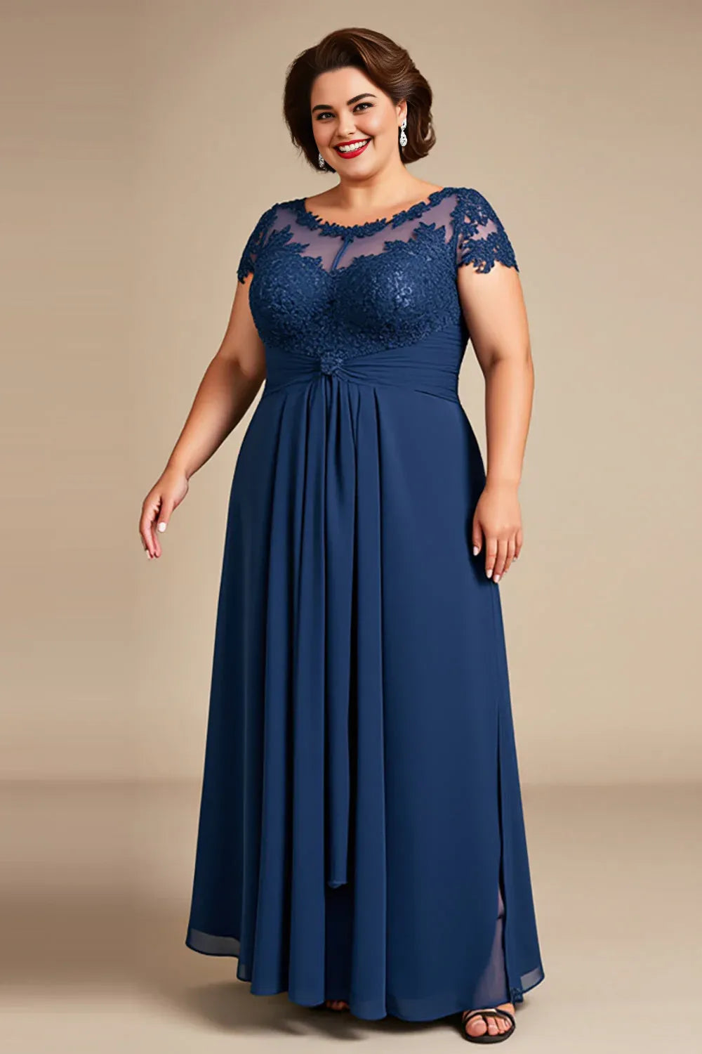 Elegant A-Line Illusion Neck Cap Sleeves Zipper Up Floor-Length Plus Size Mother of the Bride Dress