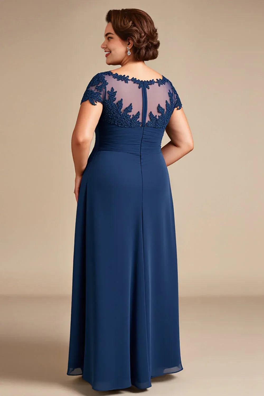 Elegant A-Line Illusion Neck Cap Sleeves Zipper Up Floor-Length Plus Size Mother of the Bride Dress