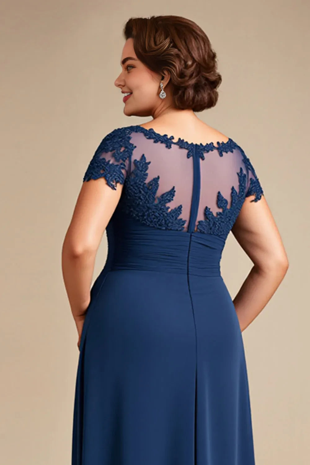 Elegant A-Line Illusion Neck Cap Sleeves Zipper Up Floor-Length Plus Size Mother of the Bride Dress
