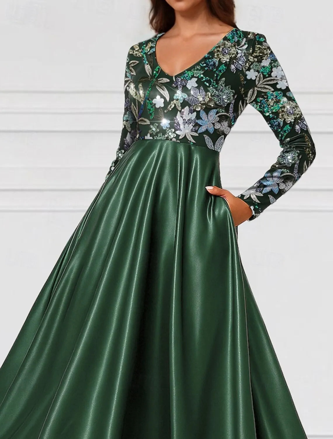 Elegant A-Line Long Sleeve V Neck Satin Sequins Floor-Length Mother Of The Bride Dress