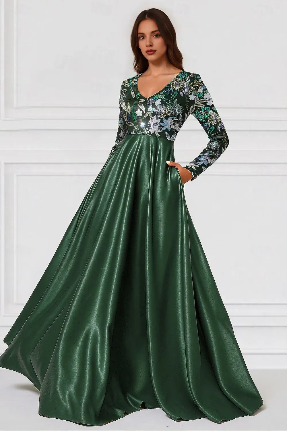 Elegant A-Line Long Sleeve V Neck Satin Sequins Floor-Length Mother Of The Bride Dress