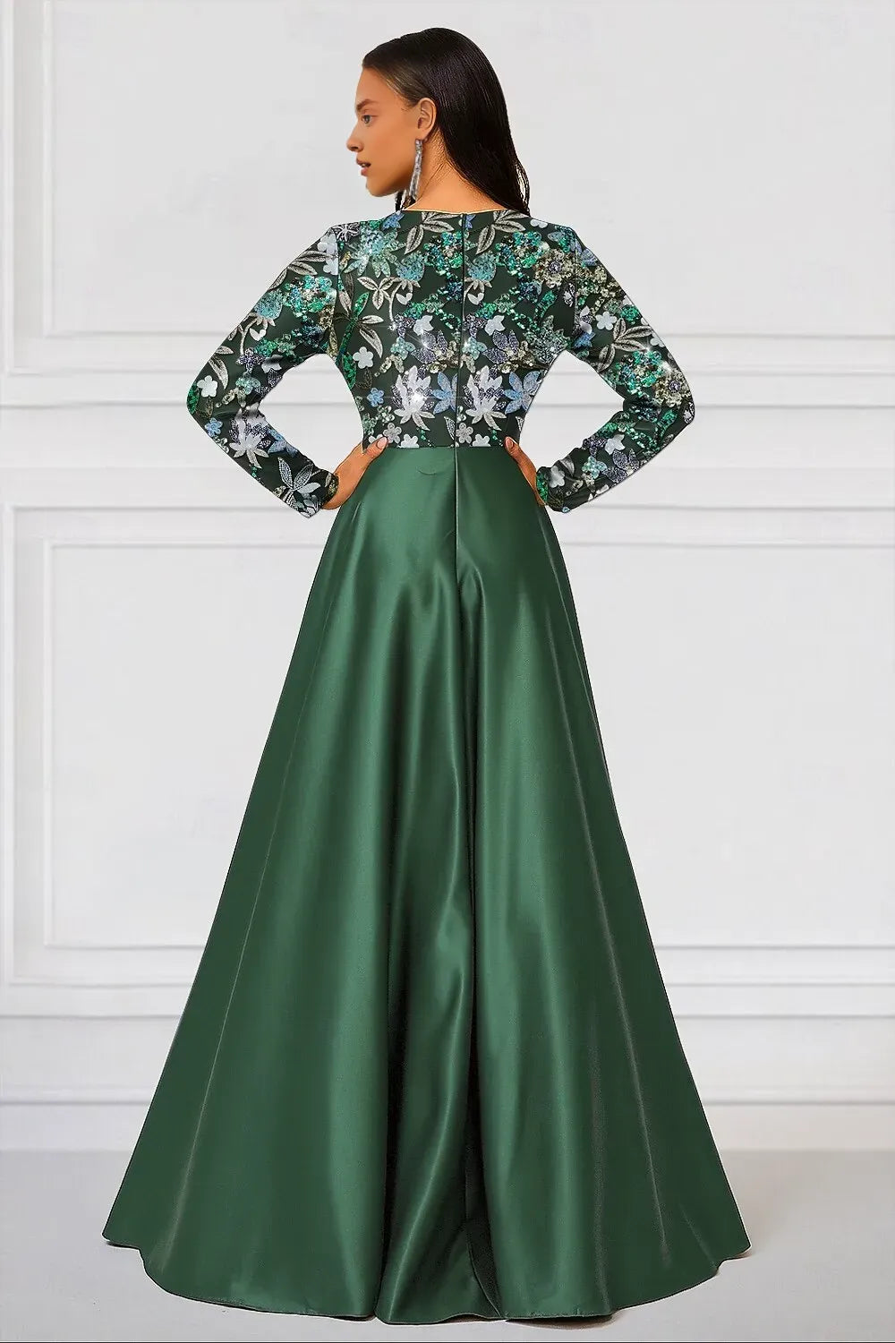 Elegant A-Line Long Sleeve V Neck Satin Sequins Floor-Length Mother Of The Bride Dress
