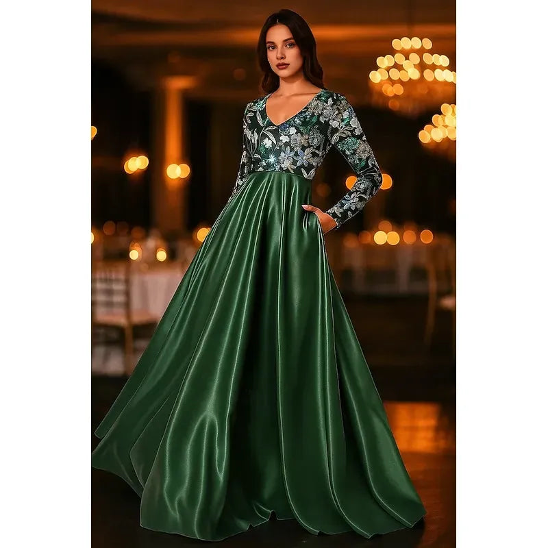Elegant A-Line Long Sleeve V Neck Satin Sequins Floor-Length Mother Of The Bride Dress