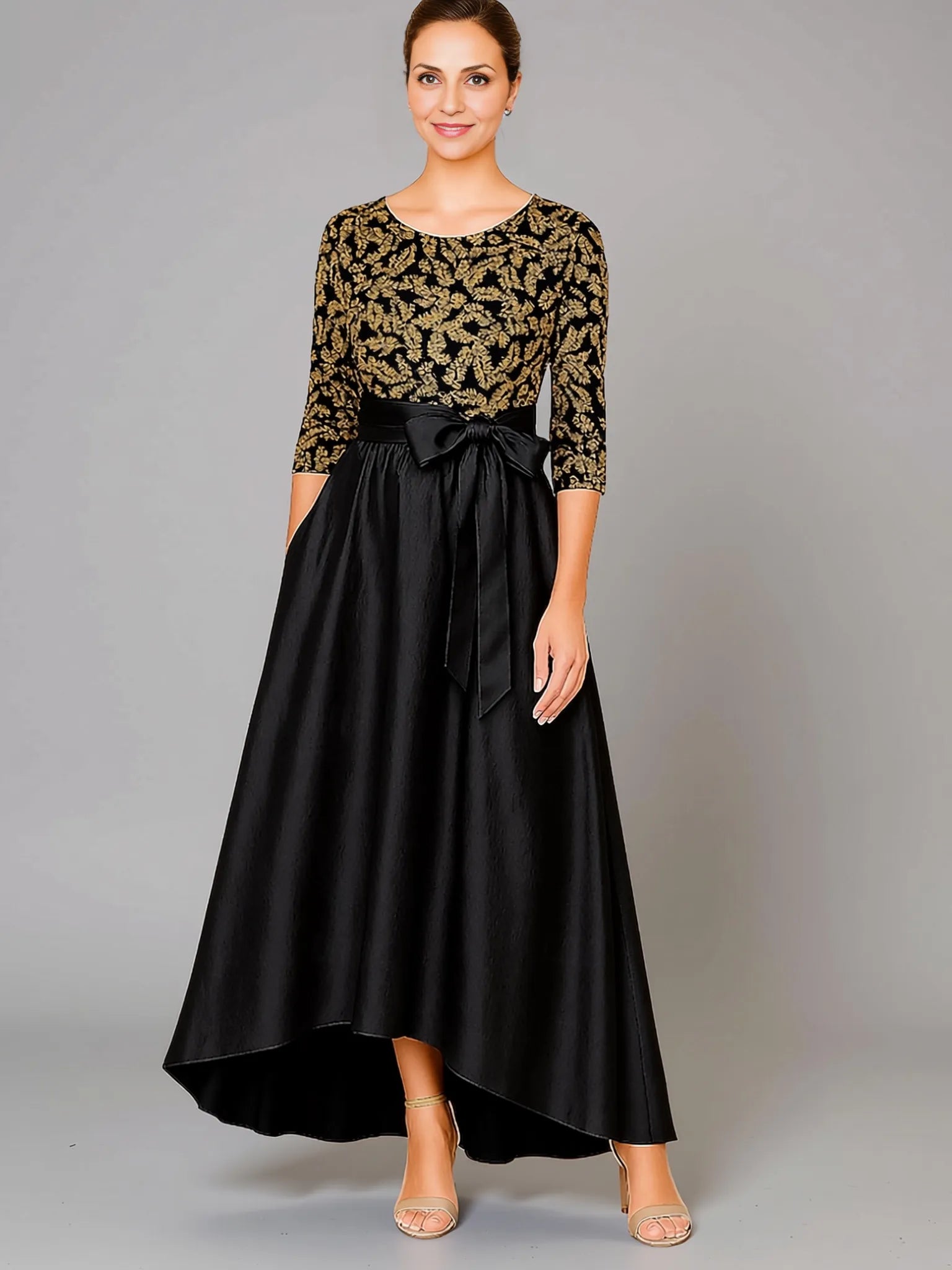 Elegant A-Line Long Sleeve Crew Neck Satin Sequins Asymmetrical-Length Mother Of The Bride Dress