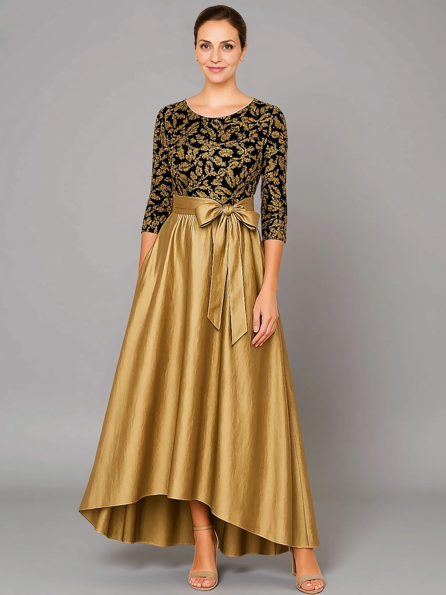 Elegant A-Line Long Sleeve Crew Neck Satin Sequins Asymmetrical-Length Mother Of The Bride Dress