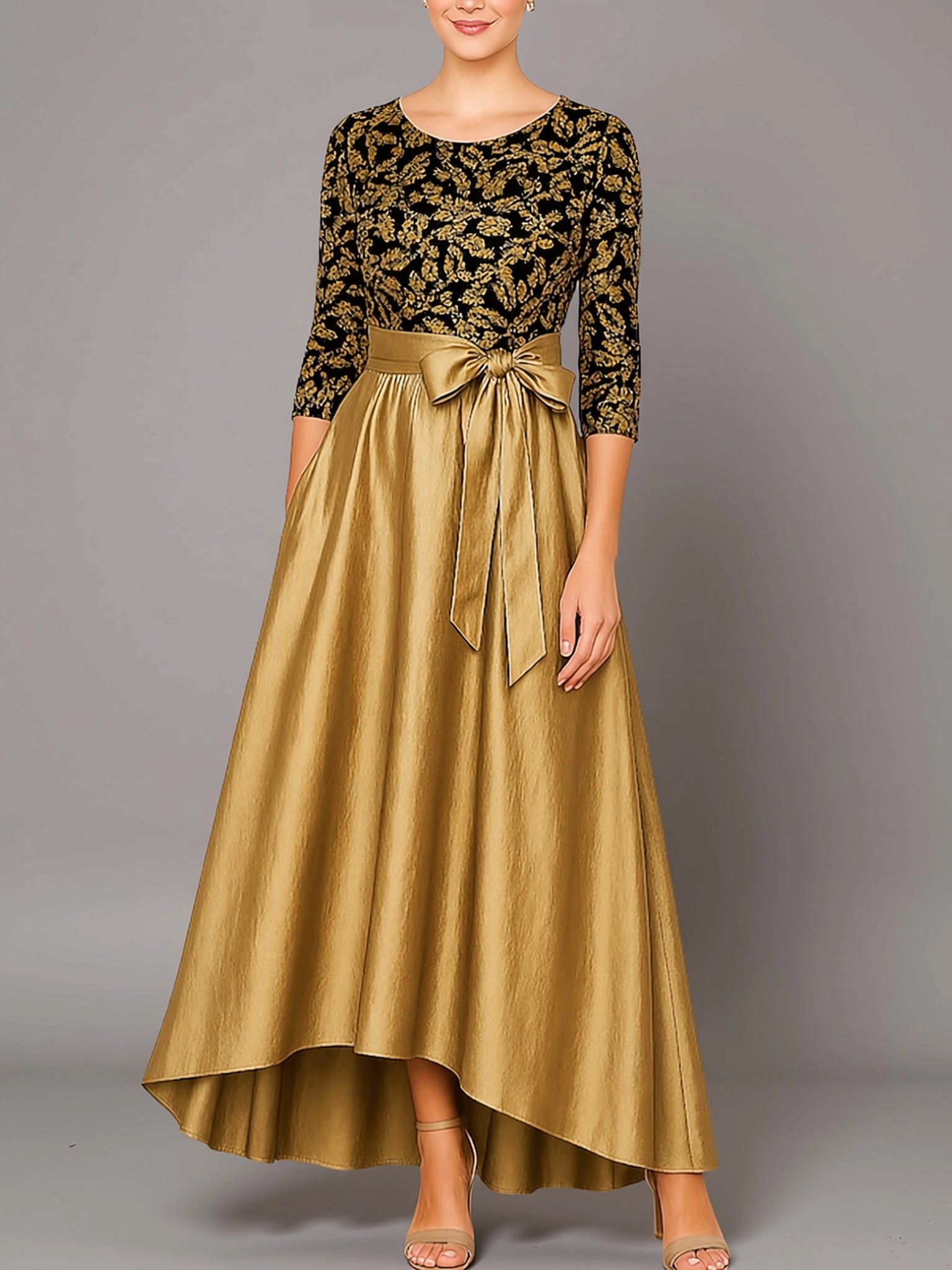 Elegant A-Line Long Sleeve Crew Neck Satin Sequins Asymmetrical-Length Mother Of The Bride Dress