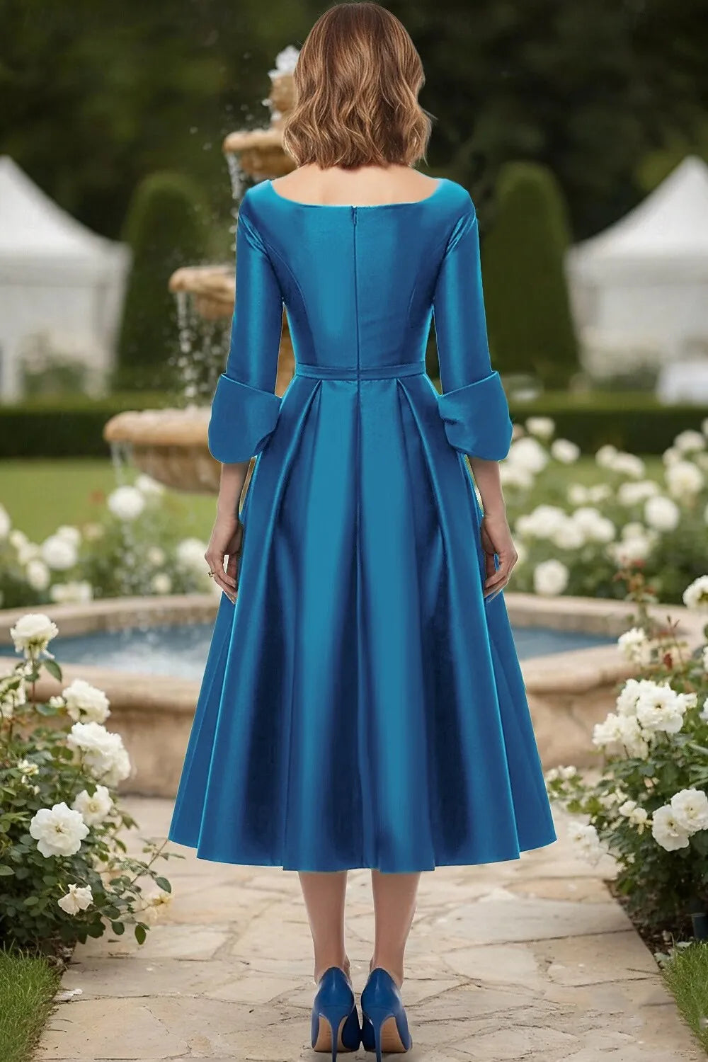 Elegant A-Line Long Sleeve V Neck Satin Bow(s) Tea-Length Mother of the Bride Dress