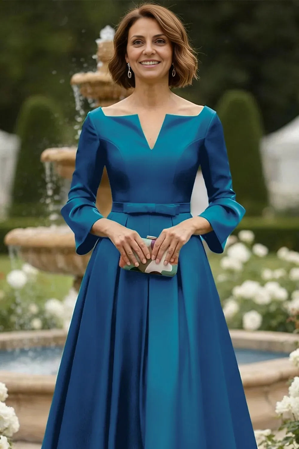 Elegant A-Line Long Sleeve V Neck Satin Bow(s) Tea-Length Mother of the Bride Dress