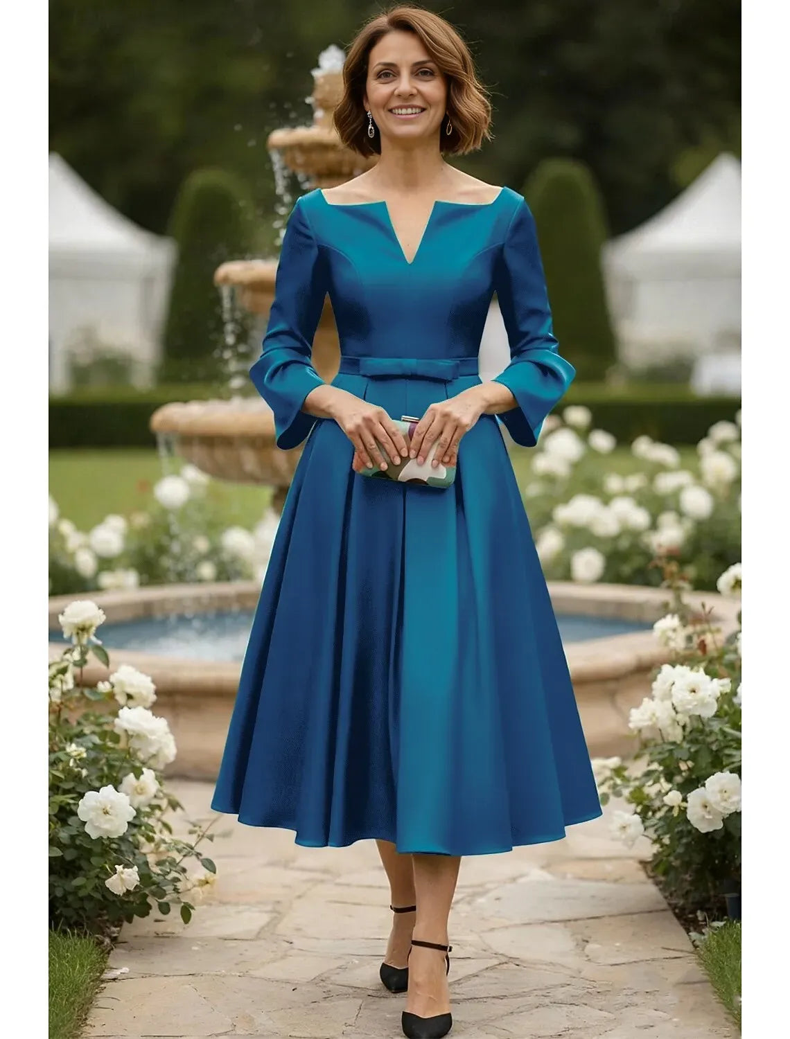 Elegant A-Line Long Sleeve V Neck Satin Bow(s) Tea-Length Mother of the Bride Dress