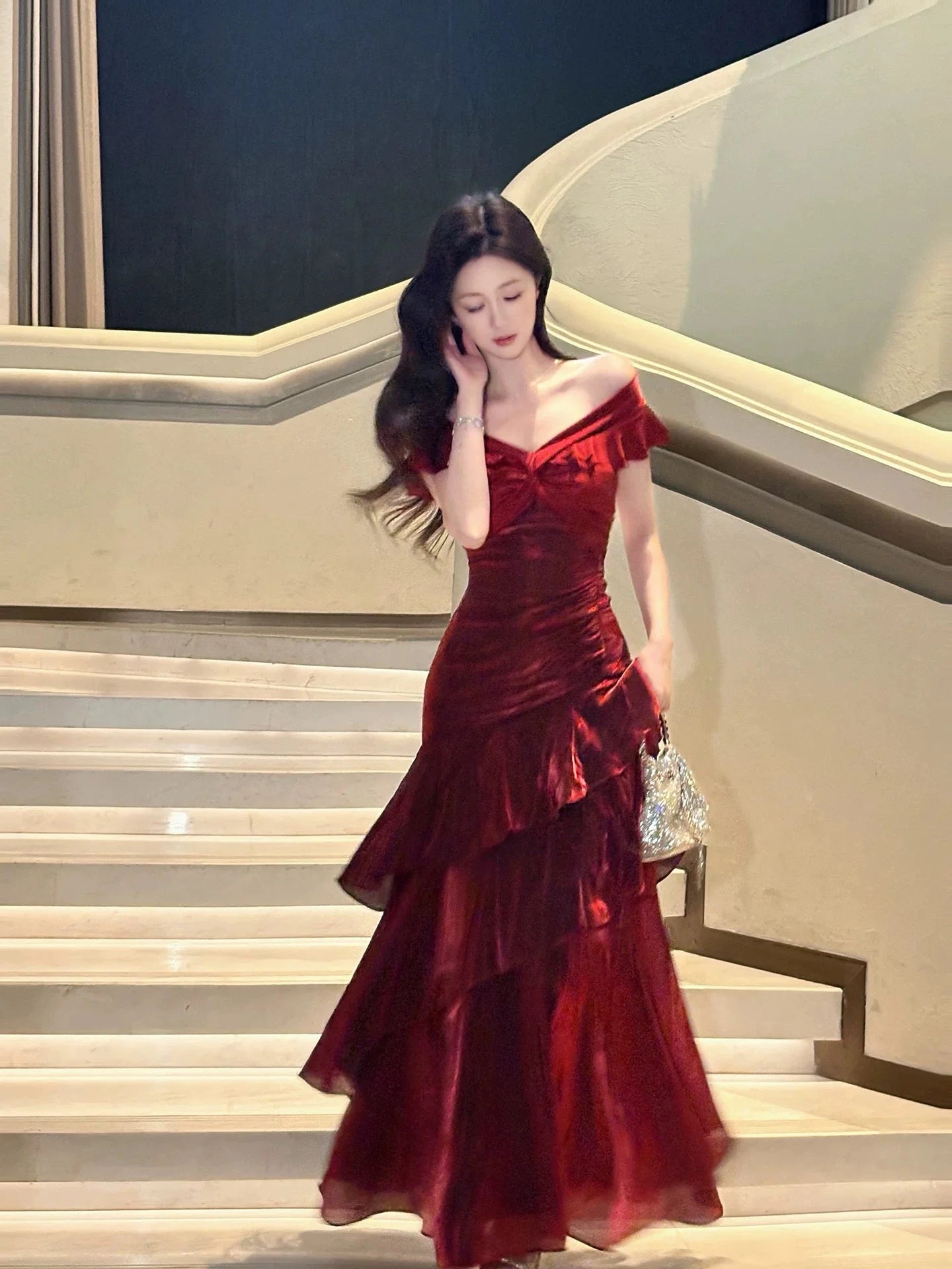 Elegant A-Line Off-Shoulder Short Sleeves Backless Floor-Length Prom Dress