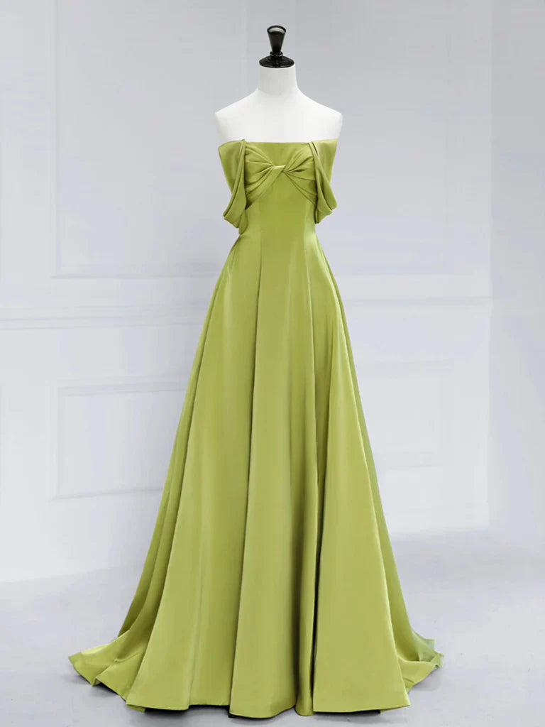 Robe de bal longue en satin vert, élégante, coupe trapèze, épaules dénudées 