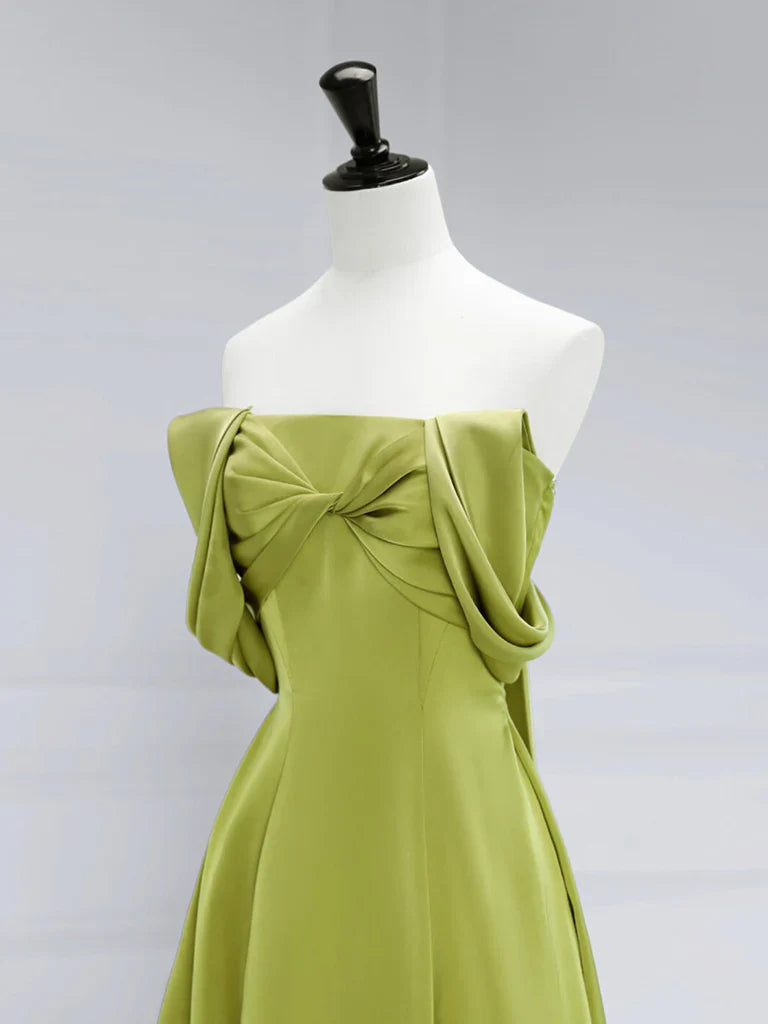Robe de bal longue en satin vert, élégante, coupe trapèze, épaules dénudées 