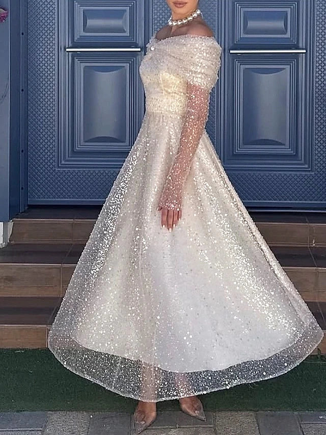 Elegant A-Line Off Shoulder Long Sleeve Sequins Tea Length Prom Dress