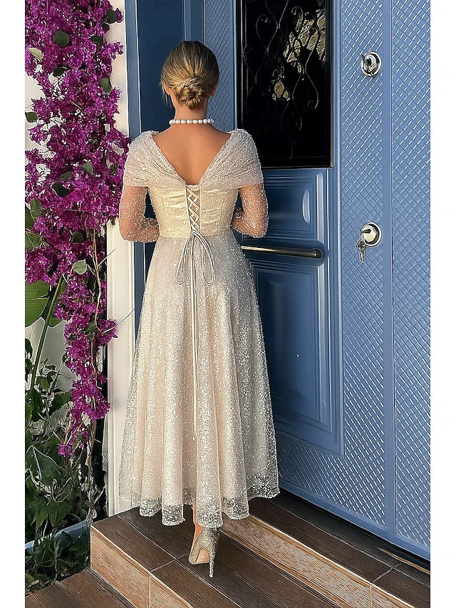 Elegant A-Line Off Shoulder Long Sleeve Sequins Tea Length Prom Dress