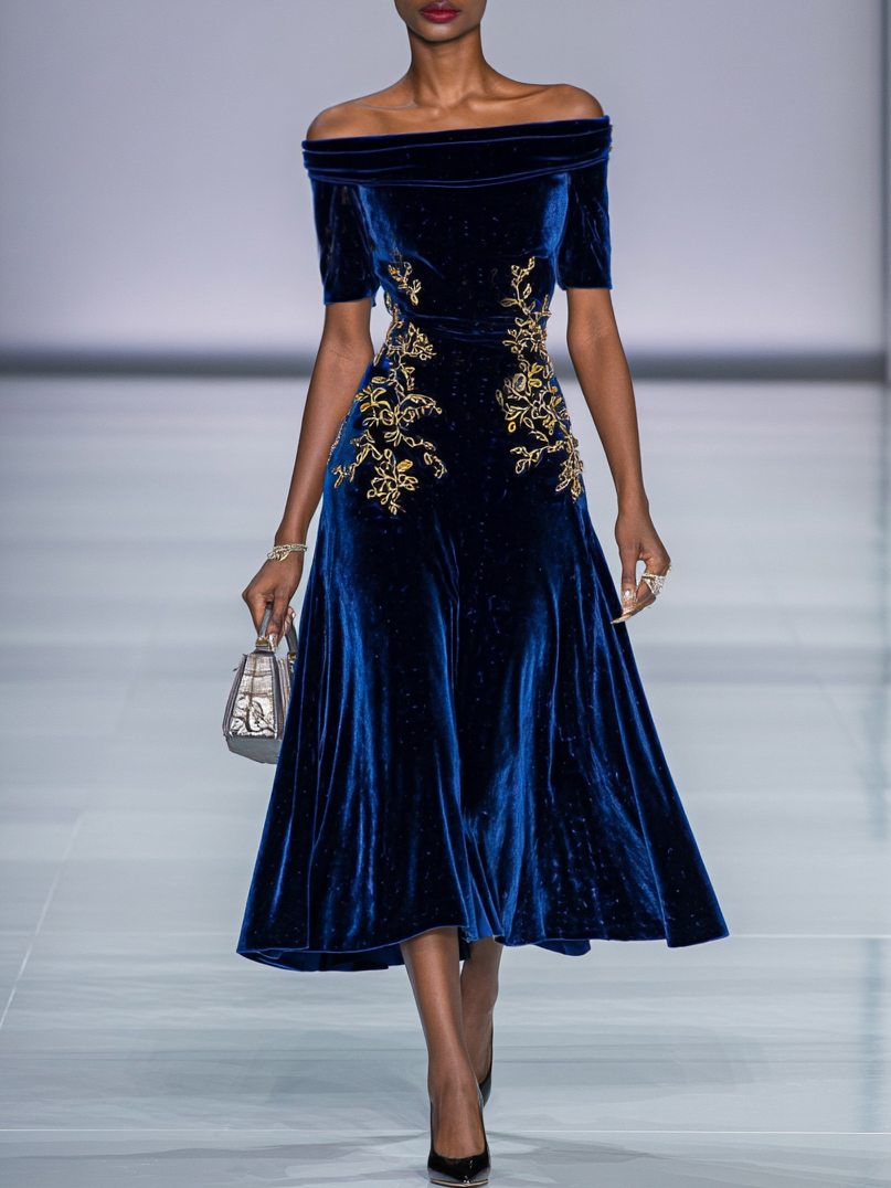 Elegant A-Line Off The Shoulder Half Sleeve Zipper Up Tea-Length Prom Dress