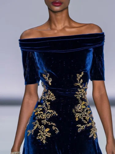 Elegant A-Line Off The Shoulder Half Sleeve Zipper Up Tea-Length Prom Dress