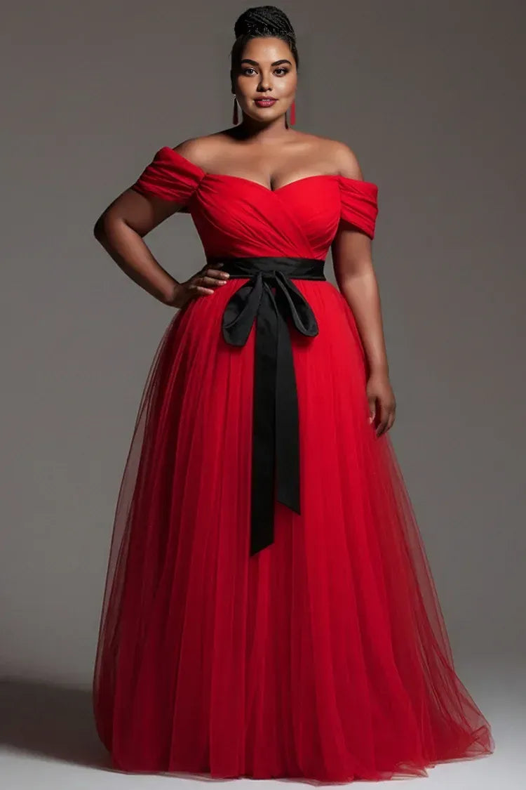 Elegant A-Line Off The Shoulder Sleeveless Pleated Tulle Floor Length Plus Size Prom Dress